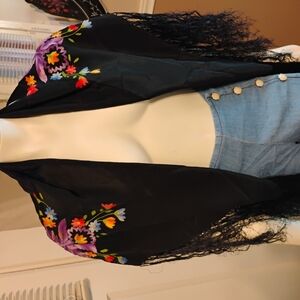 Black Floral Embroidered Vintage Shawl with Fringe